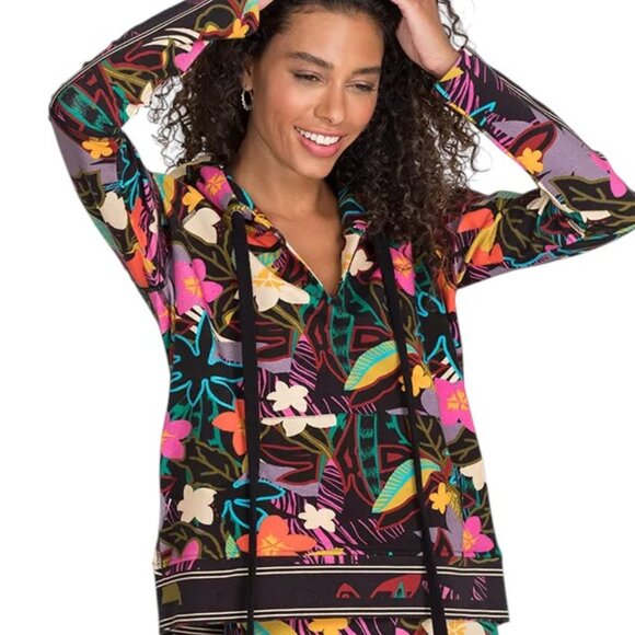 Johnny Was Wild Pullover Hoodie Sweatshirt Cotton Floral Shirt Top Pink Black NW - Picture 2 of 7